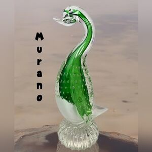 Murano Glass Duck Clear With Green & White Controlled Bubbled Get Quacked Ducky